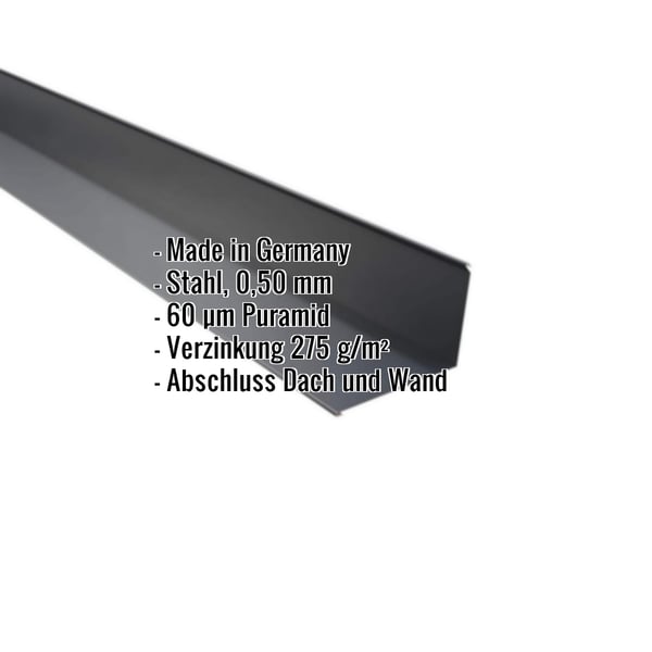 Wandanschluss Anthrazitgrau, Stahl 0,50 mm, Puramid Beschichtung, Eckdaten eingeblendet