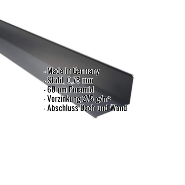 Wandanschluss Anthrazitgrau, 0,75 mm Stahl, 60 µm Puramid Beschichtung, mit eingeblendeten Eckdaten