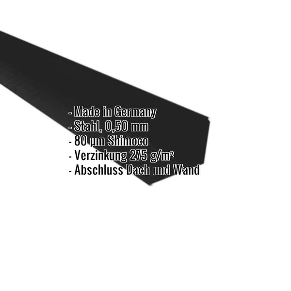 Wandanschluss Tiefschwarz RAL 9005, 0,50 mm Stahl, mit Shimoco Beschichtung, Eckdaten eingeblendet