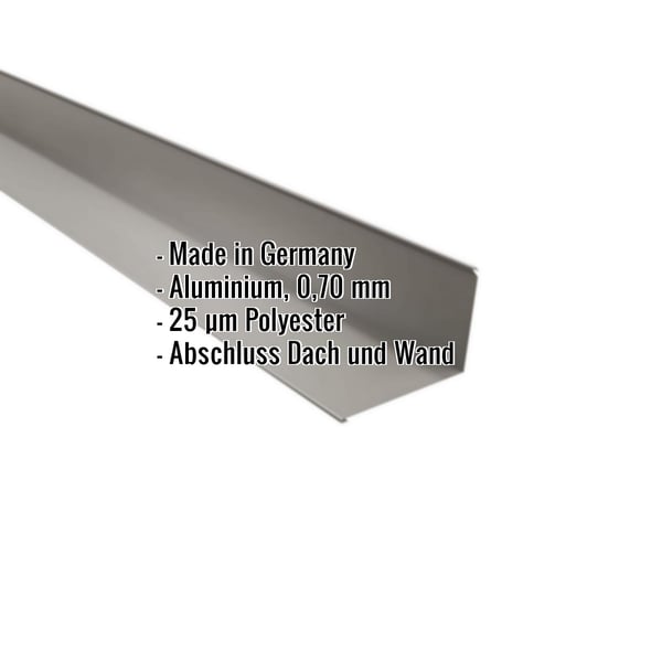 Wandanschluss Aluminium Graualuminium (RAL 9007) mit eingeblendeten Eckdaten zu Material und Anwendung