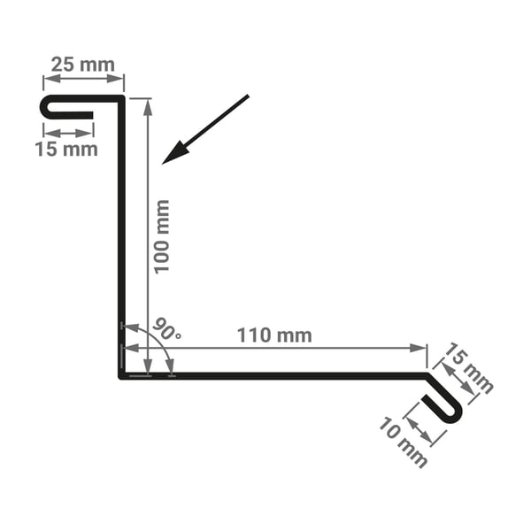 Technische Zeichnung Wandanschluss Typ 1 mit Massen 100 mm x 110 mm und 90 Grad Winkel