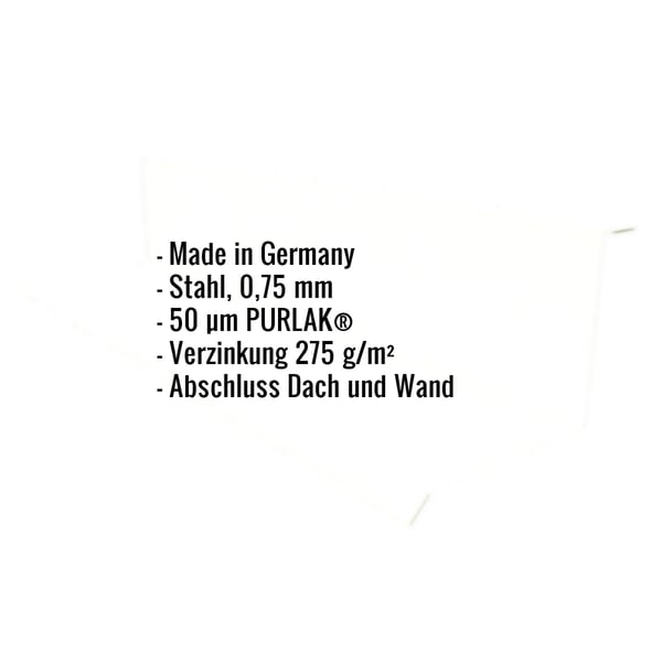Infografik: Eckdaten des Wandanschlusses, Stahl 0,75 mm, 50 µm PURLAK® Beschichtung, Verzinkung 275 g/m², Abschluss Dach und