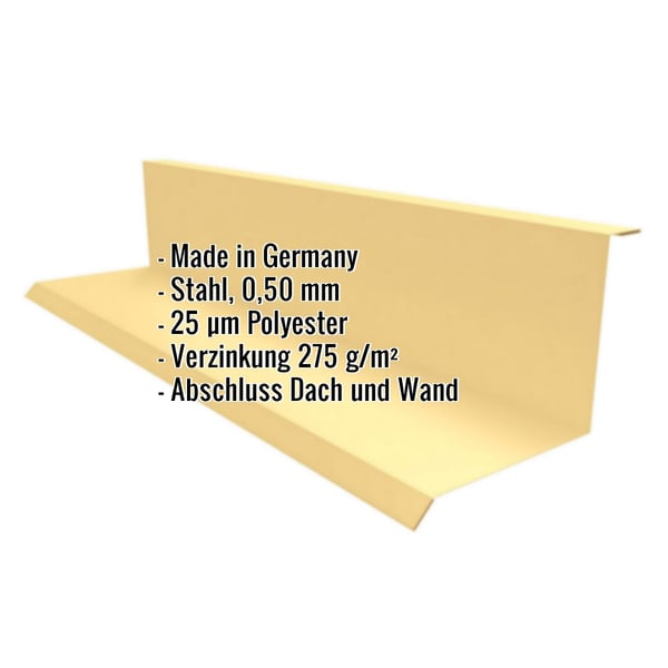 Wandanschluss Typ 1 sandgelb, Stahl 0,50 mm, mit eingeblendeten Eckdaten zu Material und Anwendung