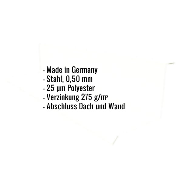 Infografik mit Eckdaten: Stahl 0,50 mm, 25 µm Polyester, Verzinkung 275 g/m², Abschluss Dach und Wand