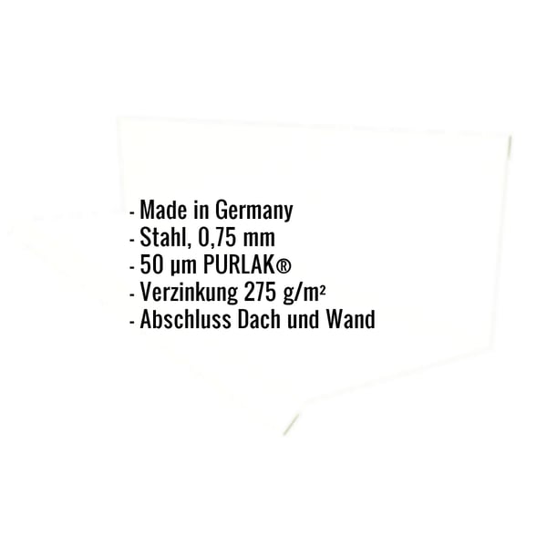 Infografik: Eckdaten des Wandanschlusses, Stahl 0,75 mm, 50 µm PURLAK Beschichtung, Verzinkung 275 g/m², Made in Germany