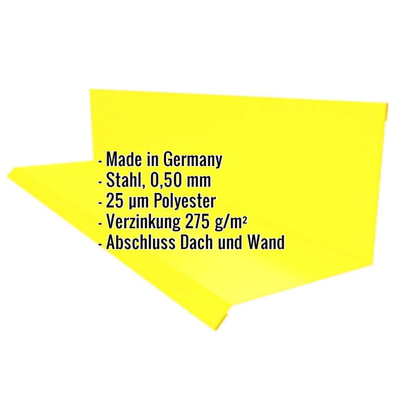 Wandanschluss Typ 2, Rapsgelb RAL 1021, mit eingeblendeten Eckdaten zu Material, Staerke und Beschichtung