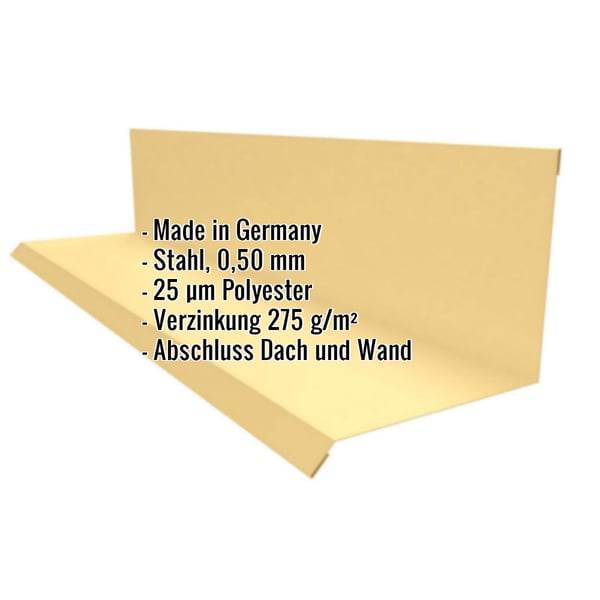 Wandanschluss Typ 2 aus sandgelbem Stahl, 0,50 mm, mit 25 µm Polyesterbeschichtung und eingeblendeten Eckdaten