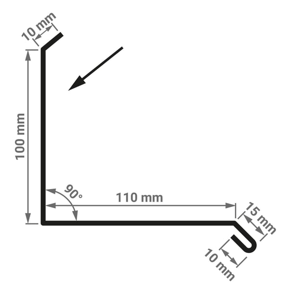 Technische Zeichnung Wandanschluss Typ 3 mit Massen 100 mm x 110 mm und 90° Winkel