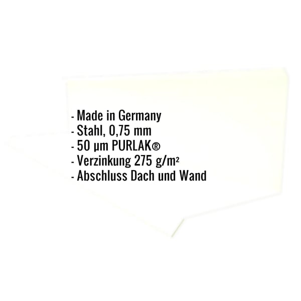 Infografik: Eckdaten Wandanschluss Stahl 0,75 mm, 50 µm PURLAK, Verzinkung 275 g/m², Abschluss Dach und Wand