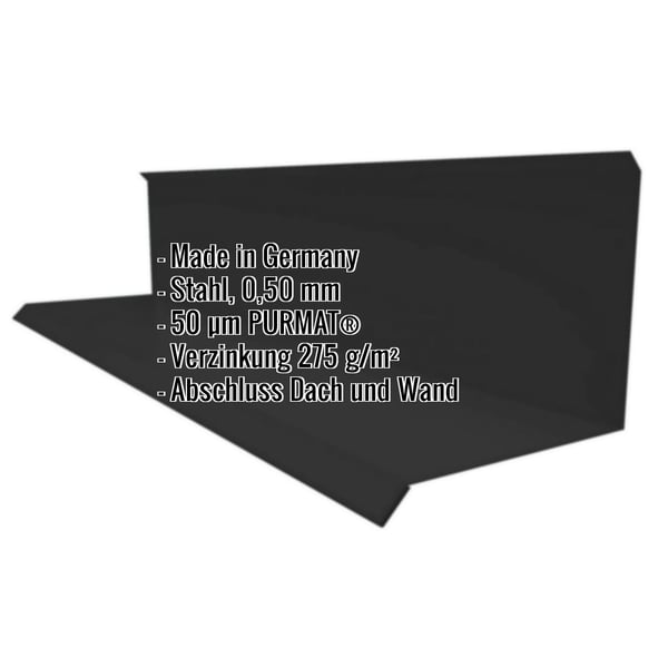 Wandanschluss Typ 3 aus schwarzem Stahl, 0,50 mm, mit PURMAT® Beschichtung und eingeblendeten Eckdaten