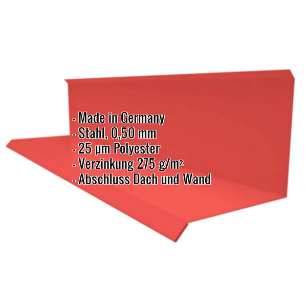 Wandanschluss Typ 3 aus korallenrotem Stahl mit Polyesterbeschichtung, Eckdaten eingeblendet, Infografik