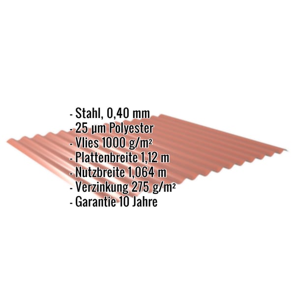 Wellblech 18/1064 kupferbraun mit eingeblendeten Eckdaten zu Material, Staerke, Vlies, Breiten und Garantie
