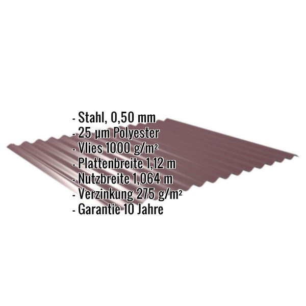 Wellblech 18/1064 weinrot, Stahl 0,50 mm, mit eingeblendeten Eckdaten zu Material, Beschichtung und Massen