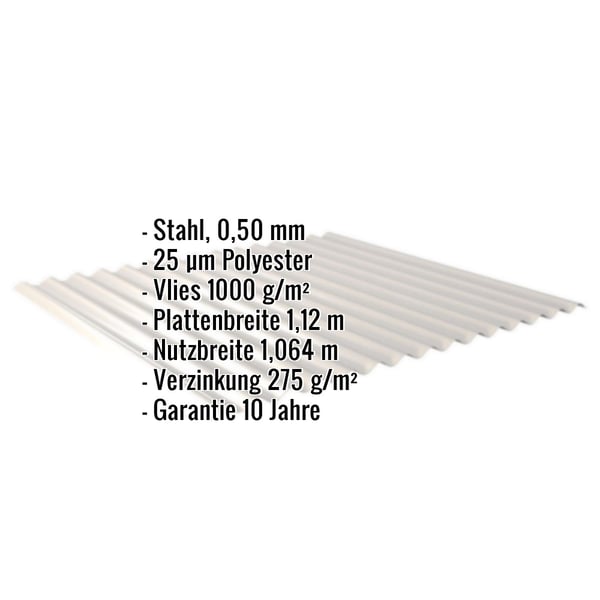 Wellblech Lichtgrau mit eingeblendeten Eckdaten: Stahl 0,50 mm, 25 µm Polyester, Vlies 1000 g/m², Plattenbreite 1,12 m