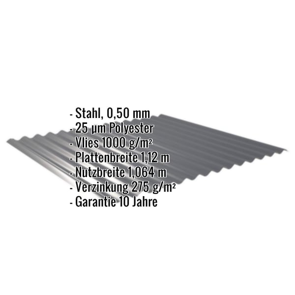 Wellblech 18/1064 Anthrazitgrau RAL 7016 mit eingeblendeten technischen Daten und Materialeigenschaften