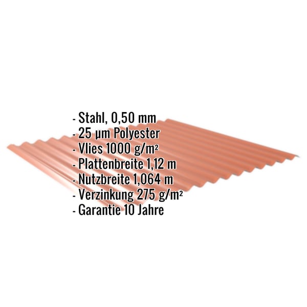 Wellblech 18/1064 kupferbraun mit eingeblendeten Eckdaten zu Material, Staerke, Beschichtung und Massen