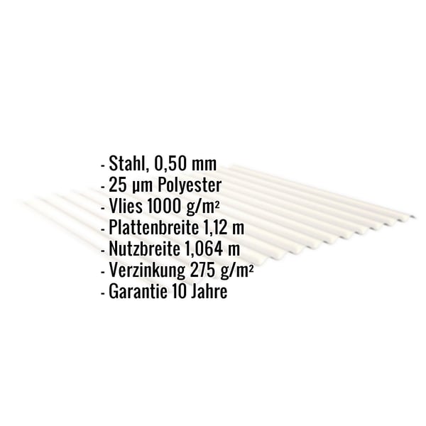 Wellblech Reinweiß RAL 9010, 0,50 mm Stahl, mit eingeblendeten Eckdaten und Vlies 1000 g/m²
