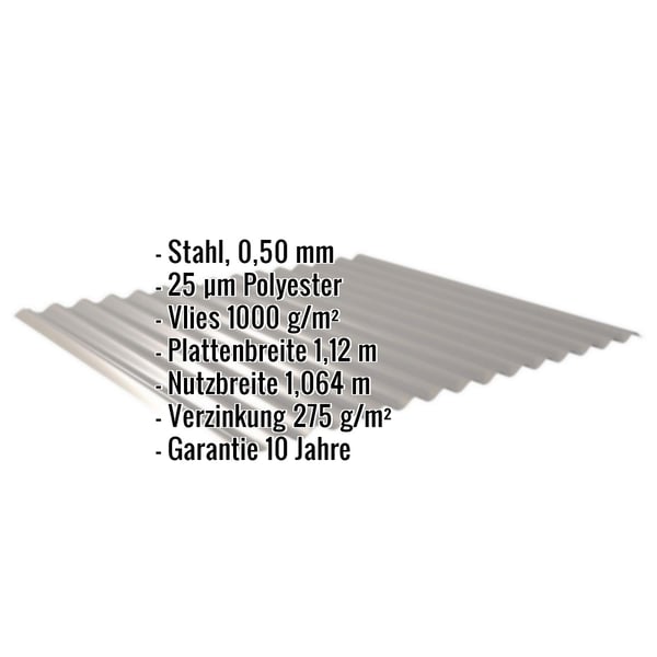 Wellblech 18/1064 Graualuminium mit eingeblendeten Eckdaten zu Material, Beschichtung und Massen
