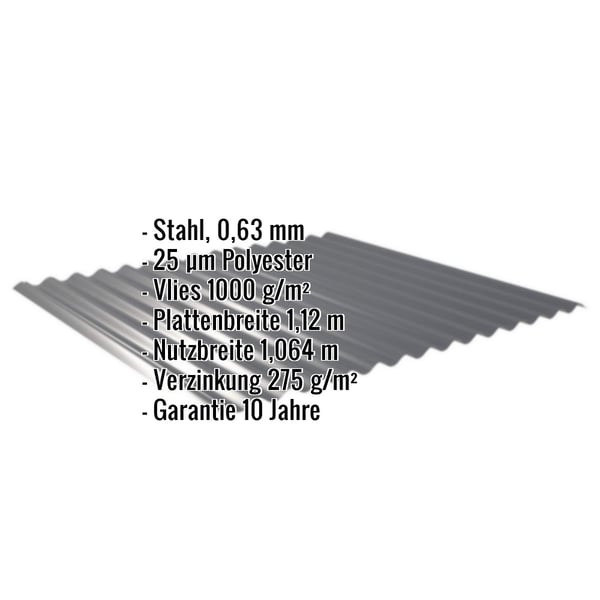Wellblech 18/1064 anthrazitgrau mit eingeblendeten Eckdaten Stahl, 0,63 mm, Polyester, Vlies, Breiten und Garantie
