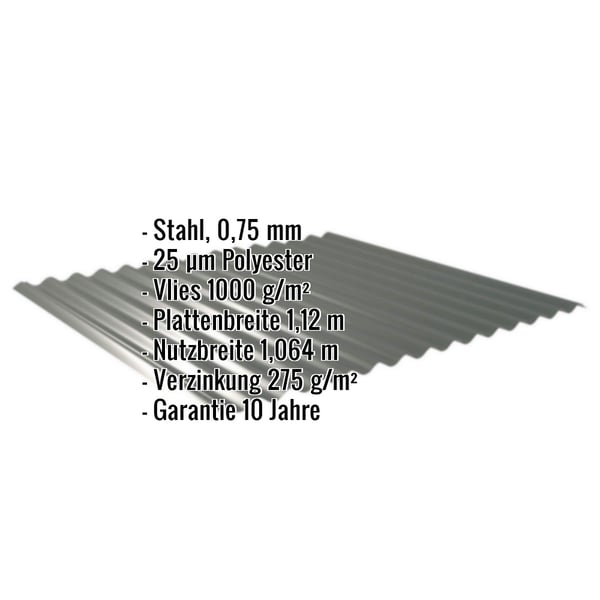 Wellblech 18/1064 in Chromoxidgrün, mit eingeblendeten Eckdaten zu Material, Stärke und Beschichtung