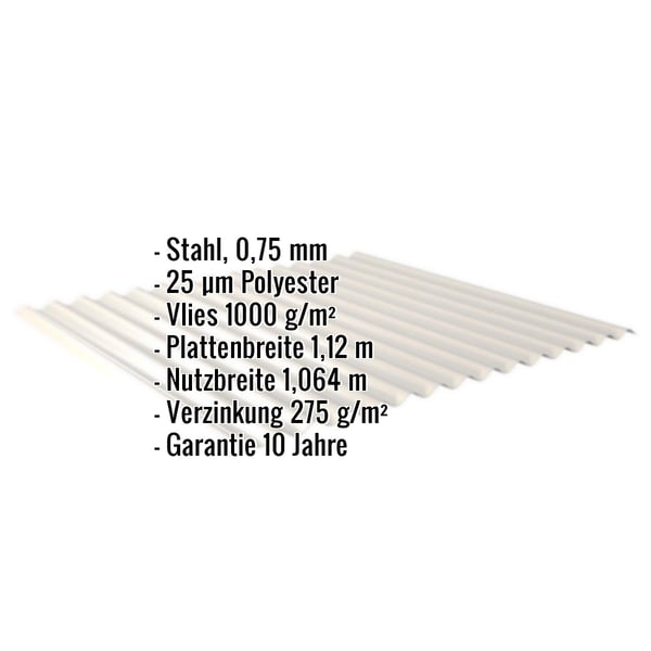 Wellblech 18/1064 Grauweiß (RAL 9002) mit eingeblendeten Eckdaten zu Material, Stärke und Beschichtung