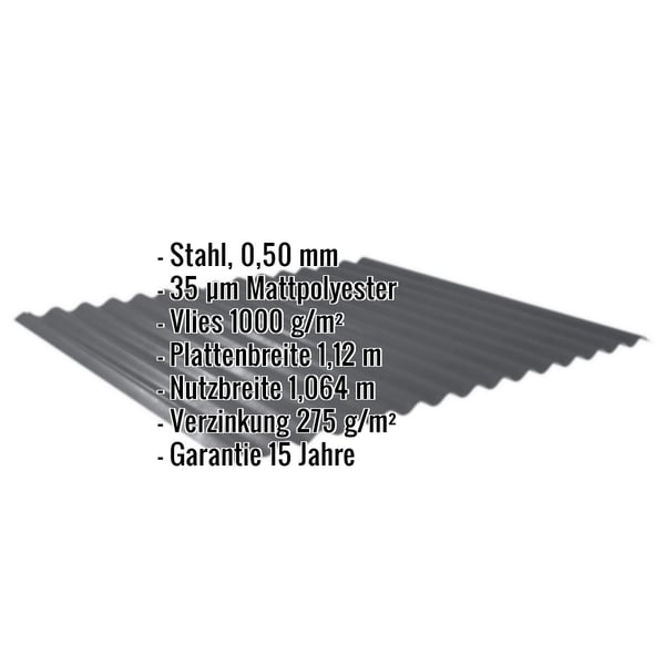 Wellblech 18/1064 dunkelgrau, Stahl 0,50 mm, mit eingeblendeten Eckdaten zu Material und Massen