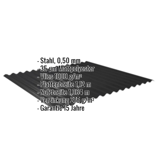 Wellblech 18/1064 schwarz, Stahl 0,50 mm mit Mattpolyester-Beschichtung und Vlies, Eckdaten eingeblendet