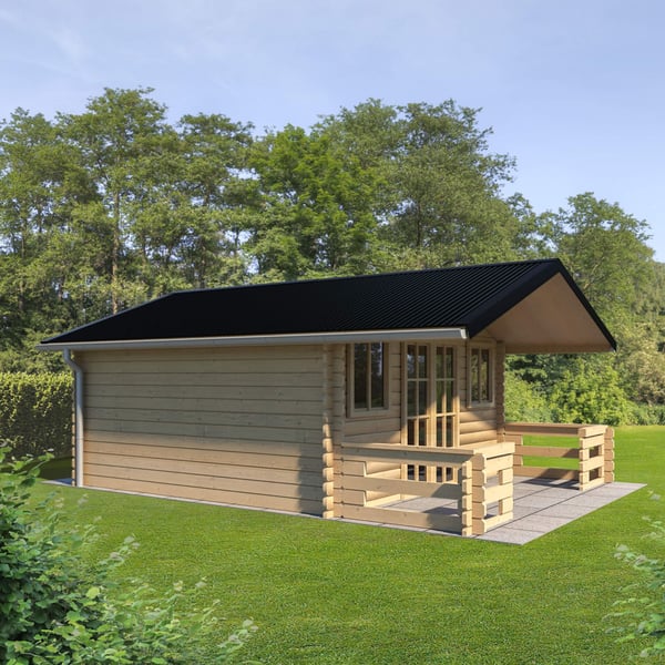 Wellblech 18/1064 schwarz als Dach auf einem Gartenhaus mit Terrasse, umgeben von Grün