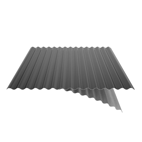 Wellblech 18/1064 schwarz, eine Ecke umgeklappt zeigt das helle Anti-Tropf-Vlies