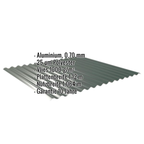 Wellblech 18/1064 Aluminium moosgrün mit eingeblendeten technischen Daten
