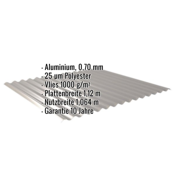 Wellblech 18/1064 aus Aluminium 0,70 mm, Graualuminium RAL 9007, mit eingeblendeten Eckdaten