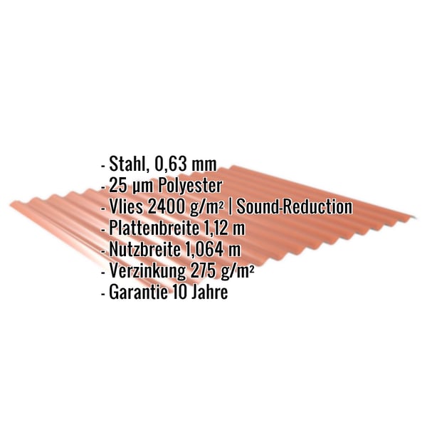 Wellblech 18/1064 Kupferbraun mit eingeblendeten technischen Daten und Eigenschaften