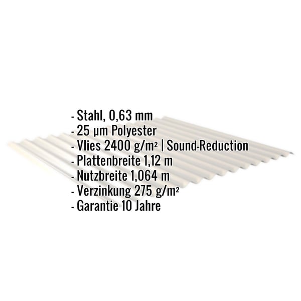 Wellblech 18/1064, Stahl 0,63 mm, Polyester 25 µm, Vlies 2400 g/m², Eckdaten eingeblendet