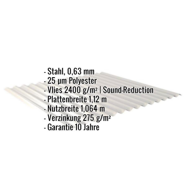 Wellblech 18/1064, Weißaluminium, mit eingeblendeten technischen Daten wie Material, Stärke und Beschichtung