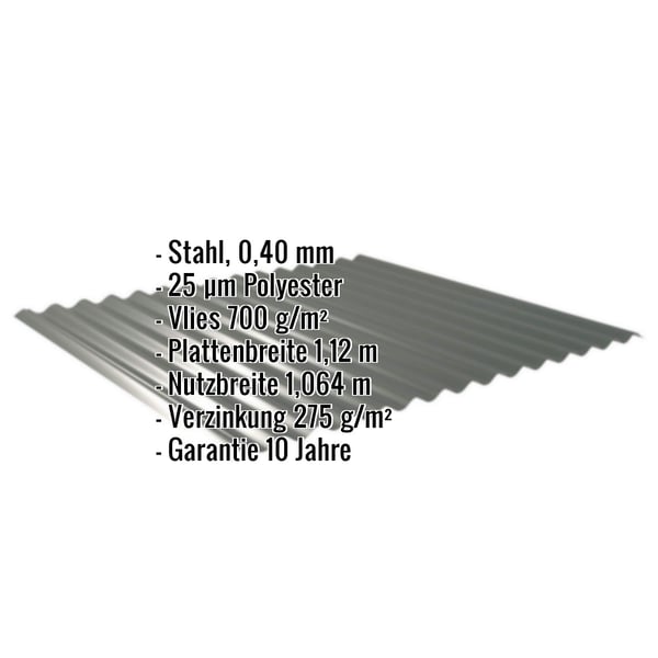 Wellblech 18/1064 aus Stahl 0,40 mm in Chromoxidgrün, mit eingeblendeten technischen Daten und Vliesbeschichtung