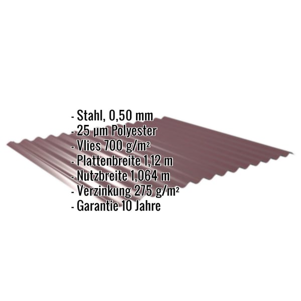 Wellblech 18/1064 weinrot, Stahl 0,50 mm, Polyester 25 µm, Vlies 700 g/m², mit eingeblendeten Eckdaten