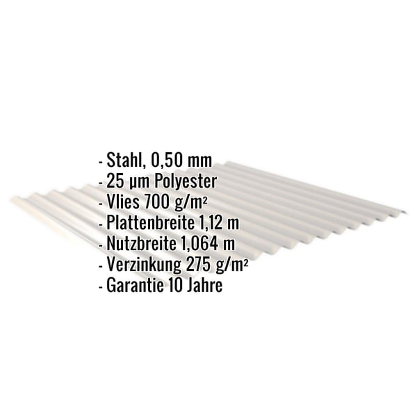 Wellblech 18/1064 Lichtgrau mit eingeblendeten Eckdaten zu Material, Staerke, Beschichtung und Massen
