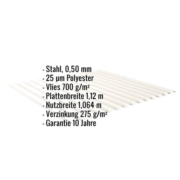 Wellblech Reinweiß, Infografik mit Eckdaten: Stahl 0,50 mm, 25 µm Polyester, Vlies 700 g/m², Plattenbreite 1,12 m,