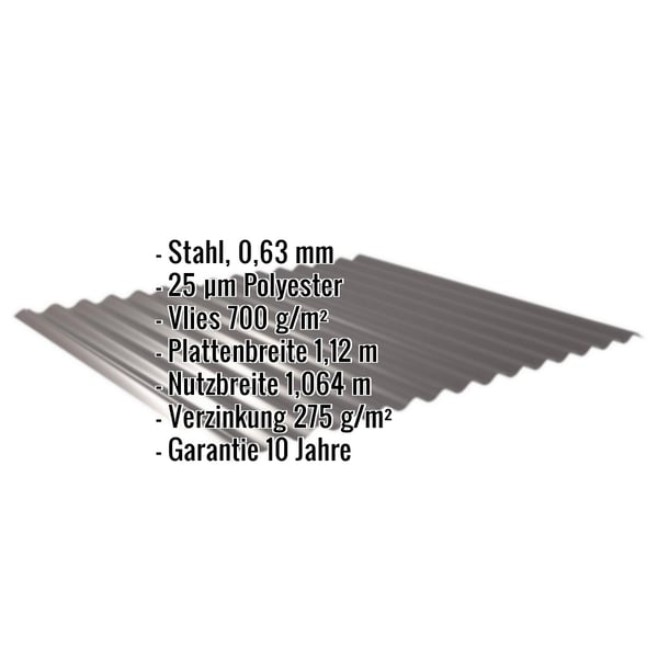 Wellblech 18/1064 schokoladenbraun mit eingeblendeten Eckdaten zu Material, Staerke und Beschichtung