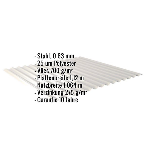 Wellblech 18/1064 in Weißaluminium, Stahl 0,63 mm, mit eingeblendeten technischen Eckdaten