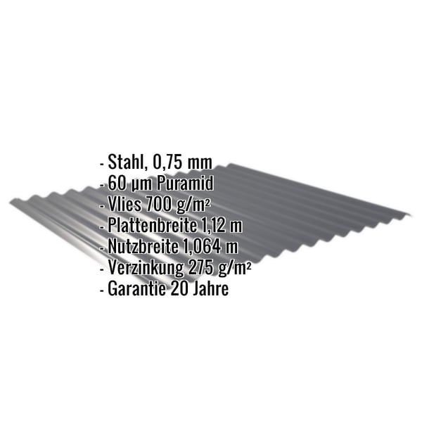 Wellblech 18/1064 anthrazitgrau, Stahl 0,75 mm mit Puramid Beschichtung und Anti-Tropf Vlies, Eckdaten eingeblendet