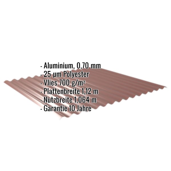 Wellblech 18/1064 Aluminium 0,70 mm rotbraun mit eingeblendeten technischen Daten und Garantiehinweis