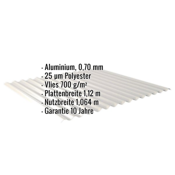 Wellblech Aluminium 0,70 mm, Weißaluminium RAL 9006, mit eingeblendeten Eckdaten und Garantiehinweis