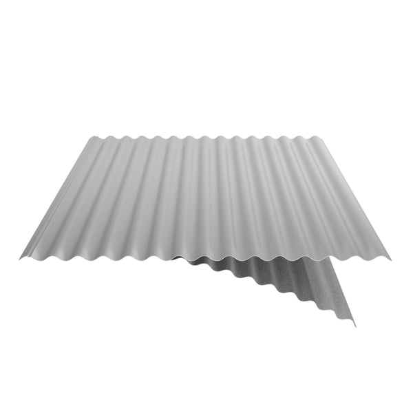 Wellblech 18/1064 in Weißaluminium RAL 9006, teilweise umgeklappt mit sichtbarer Anti-Tropf-Beschichtung