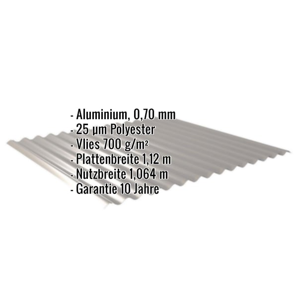 Wellblech 18/1064 Graualuminium mit eingeblendeten Eckdaten zu Material, Staerke, Beschichtung und Garantie