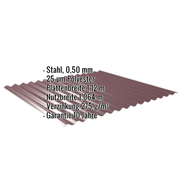 Wellblech 18/1064 weinrot, Stahl 0,50 mm, mit eingeblendeten technischen Daten und Garantiehinweis