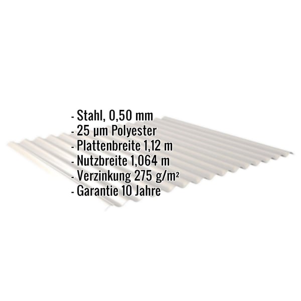 Wellblech 18/1064 Lichtgrau, 0,50 mm Stahl, mit eingeblendeten Eckdaten zu Material, Breite und Garantie