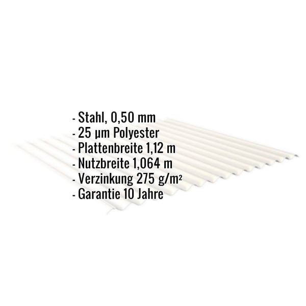 Wellblech 18/1064 Reinweiß (RAL 9010) mit eingeblendeten Eckdaten zu Material, Beschichtung und Massen