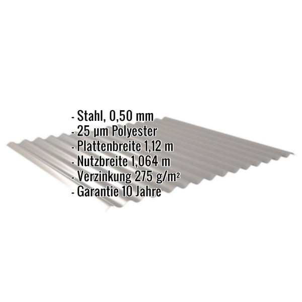 Wellblech 18/1064 Graualuminium mit eingeblendeten Eckdaten: Stahl 0,50 mm, 25 µm Polyester, Plattenbreite, Nutzbreite