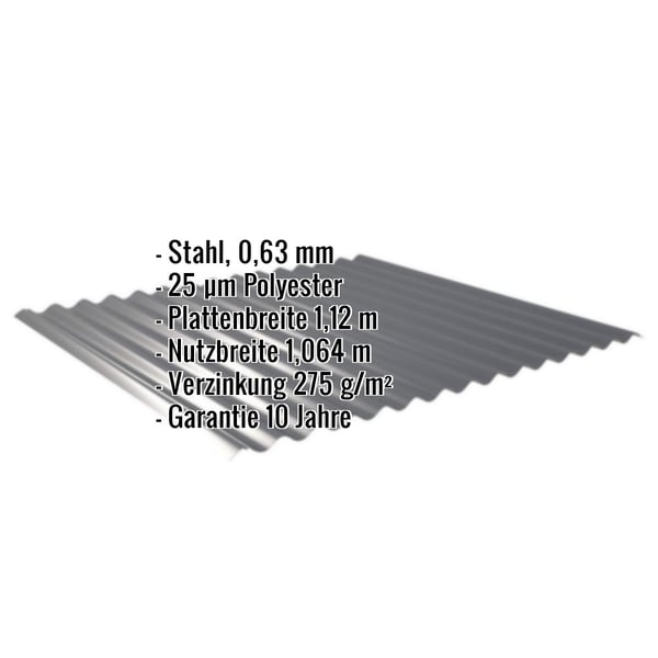 Wellblech 18/1064 anthrazitgrau, 0,63 mm Stahl, mit eingeblendeten Eckdaten